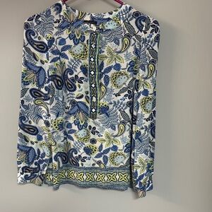 Talbots petite dressy blouse with variations on blue, white and bright yellow.